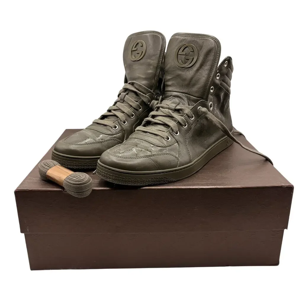 GUCCI Coda Imprime High Top Sneakers Gloss Military Green Sz 10G/10.5 US $1245